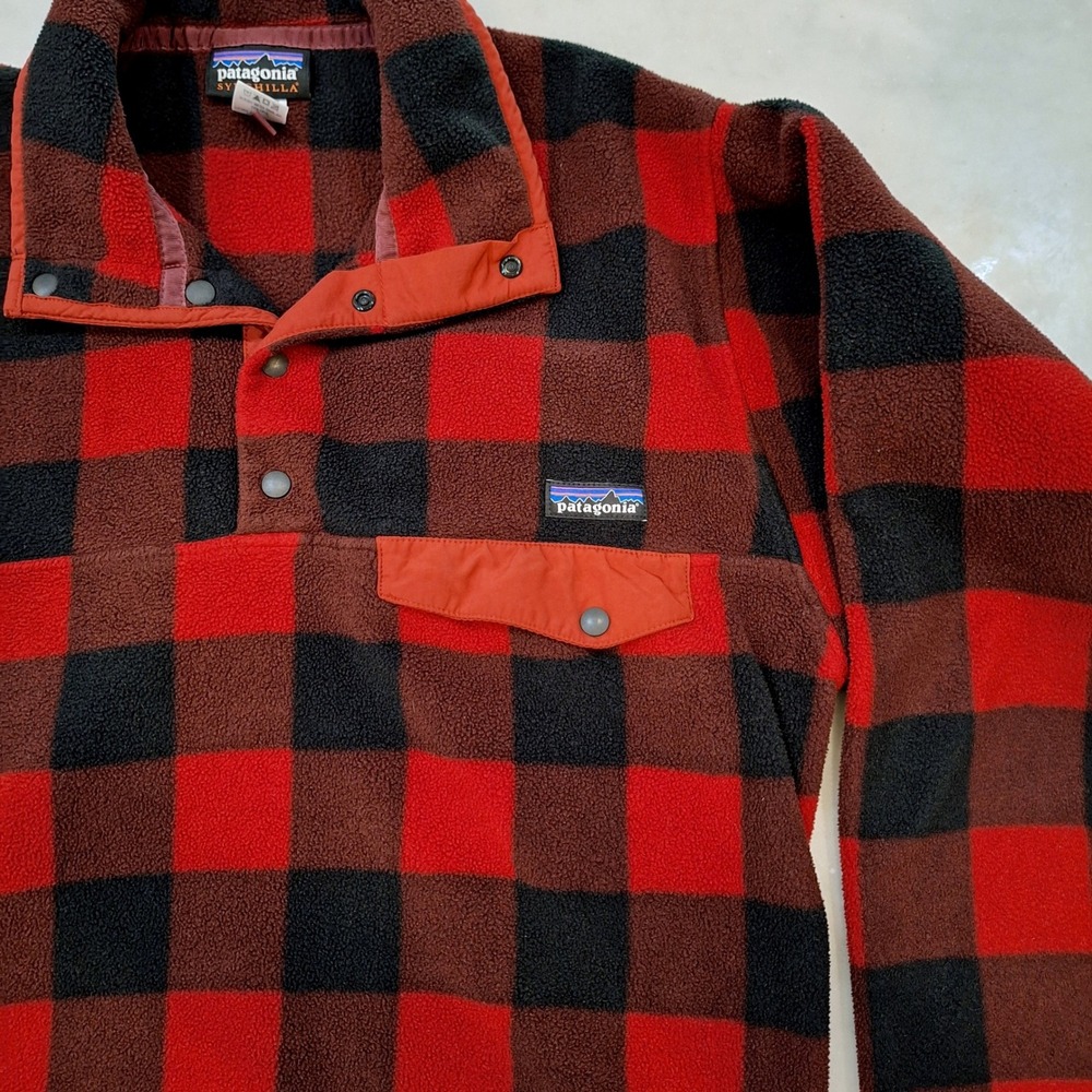 Patagonia Synchilla Snap-T Pullover Mens S Red Black Buffalo Plaid Fleece 25580